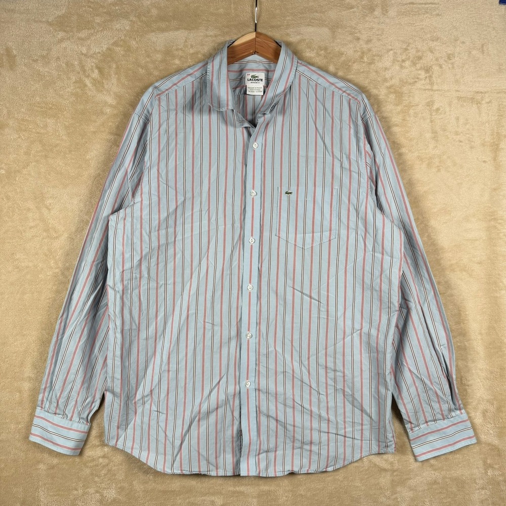 Lacoste Regular Fit Size 44 Blue/Red Striped Long Sleeve Button Up‎ Shirt Men's